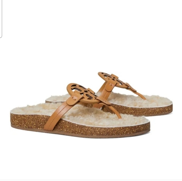TORY BURCH Women's‎ Genuine Miller Cloud Shearling Tan Leather Flip Flops Size 9